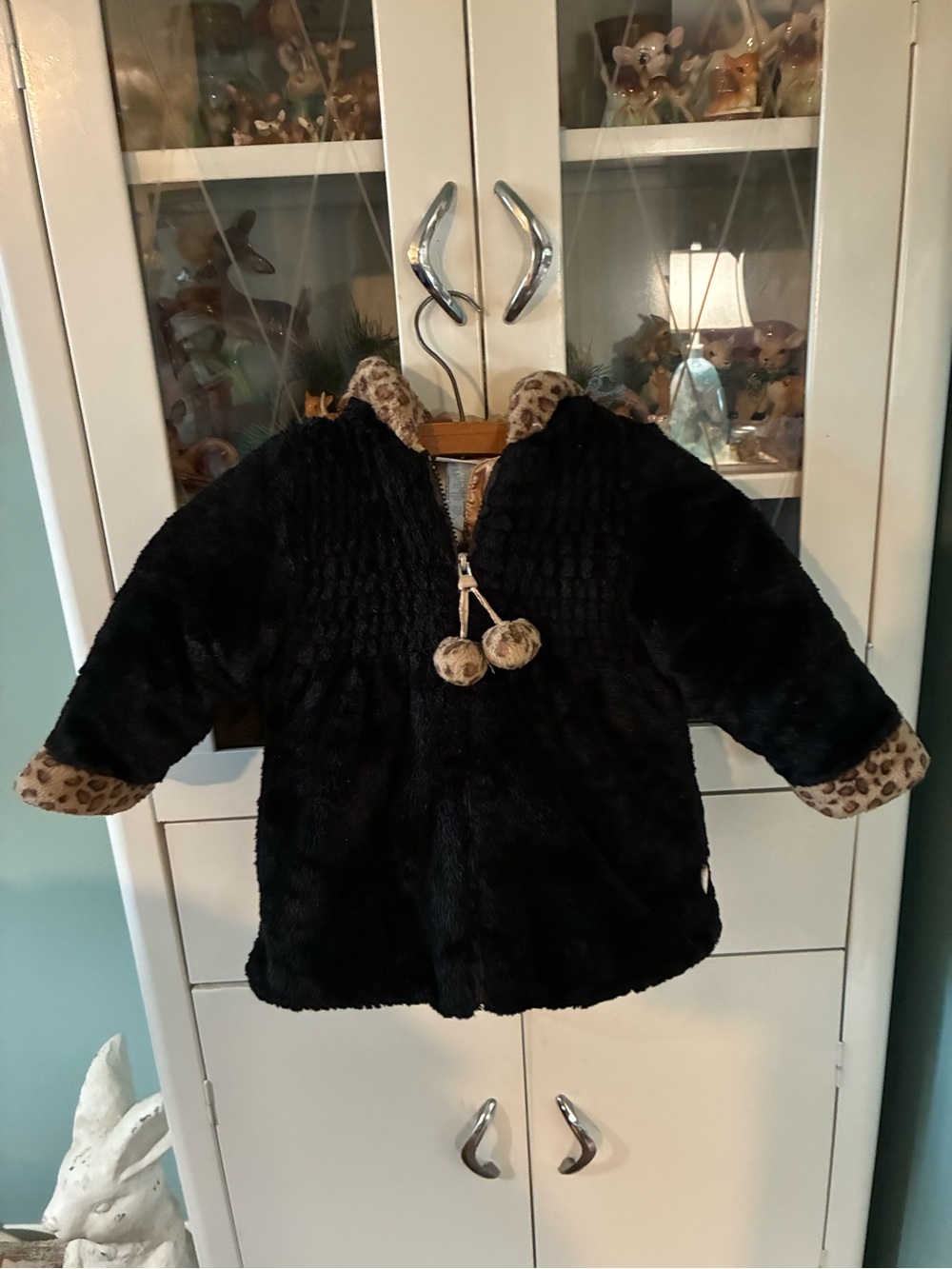 Bon Bebe sz 3T Kids Black Faux Fur Coat with Leopard Trim euc gold lining